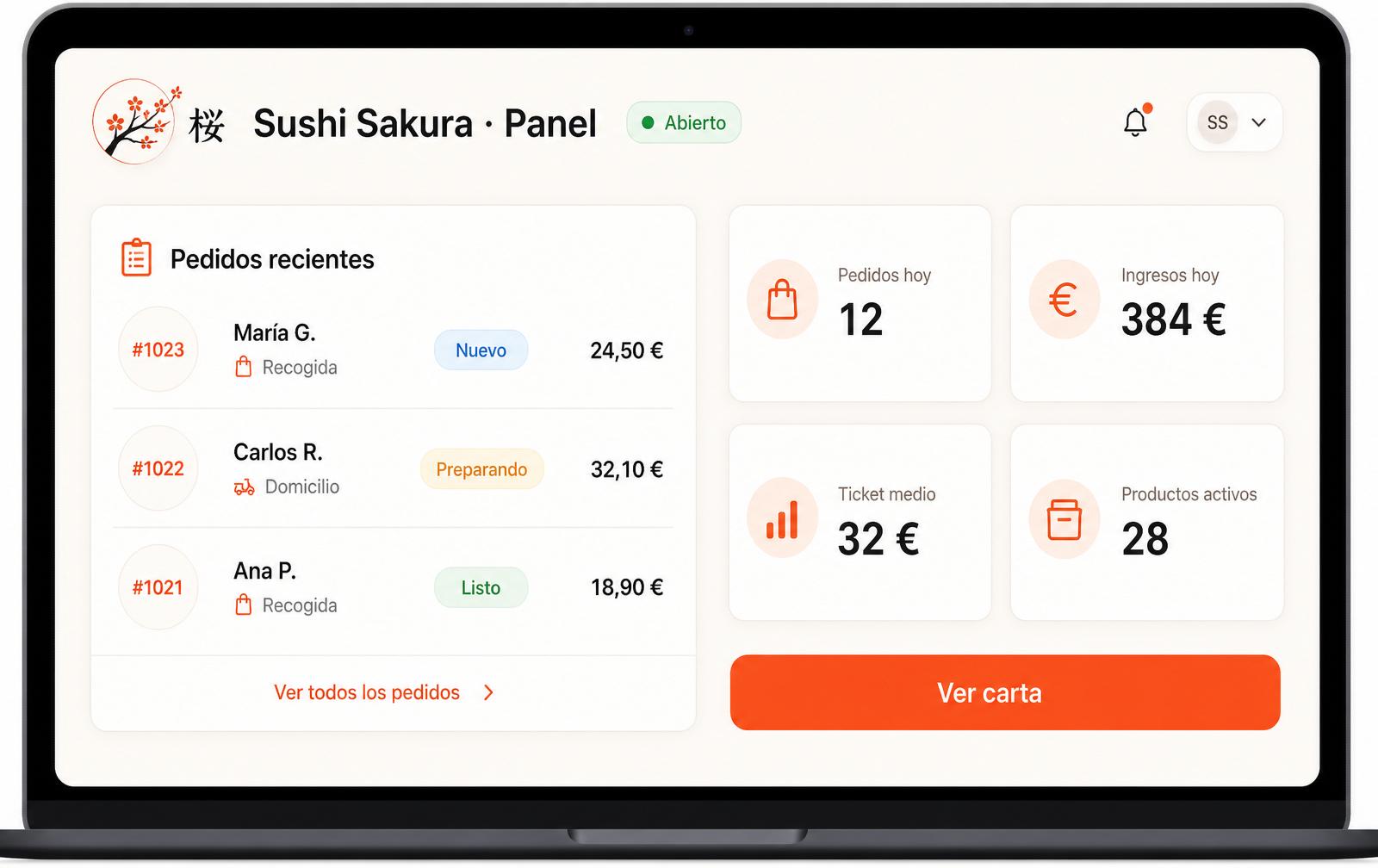 Panel de OrdClick con pedidos recientes, estado abierto, ingresos, ticket medio y botón Ver carta