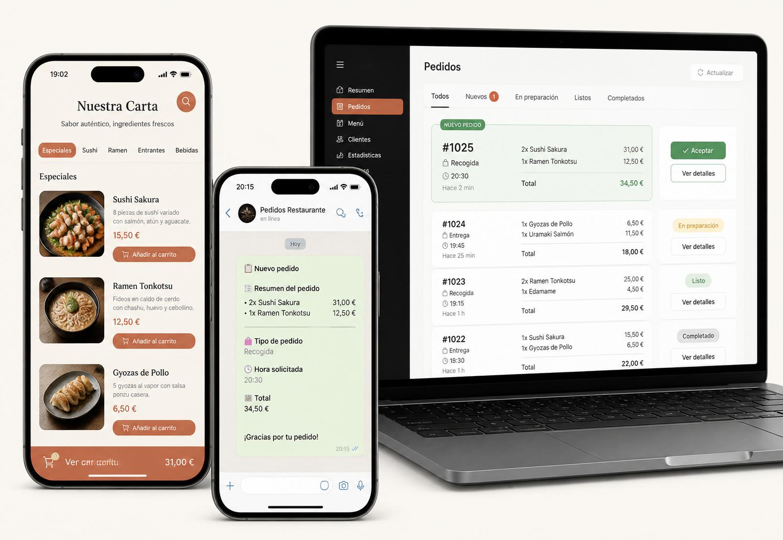 Cliente pidiendo en la carta, pedido estructurado en WhatsApp y panel del restaurante con pedidos entrantes